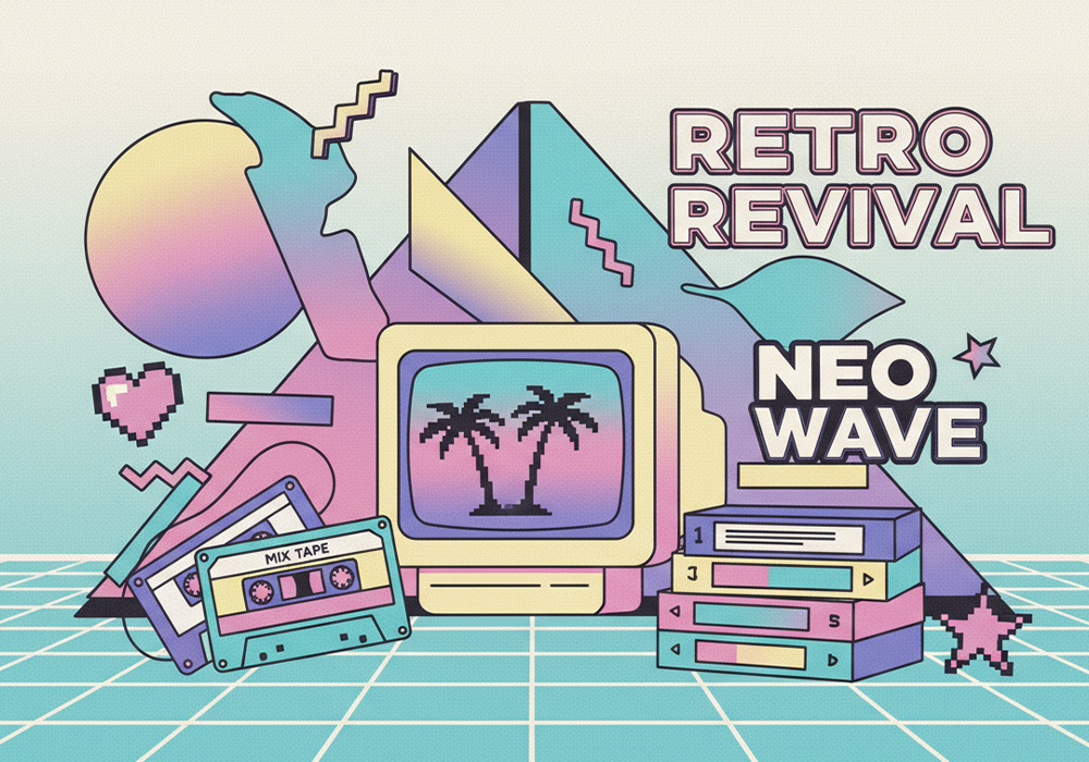colorful retro-inspired illustration showing 80s and 90s design revival with geometric shapes and vintage motifs