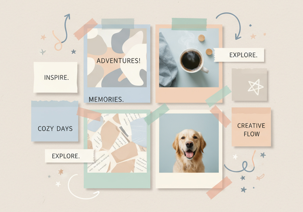 modern scrapbook-style graphic design layout with photos and notes